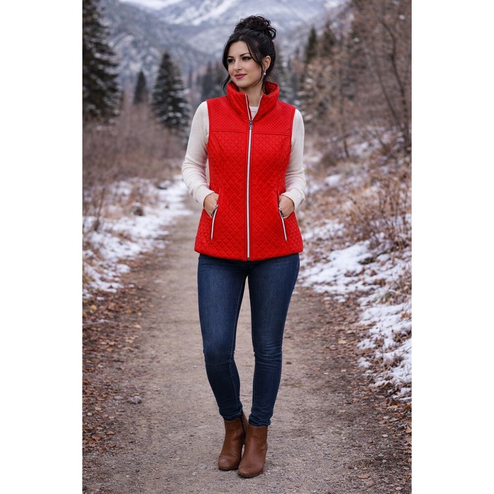 Black Rivet Red Quilted Vest Womens Medium Zip Pockets Sporty Athletic Casual